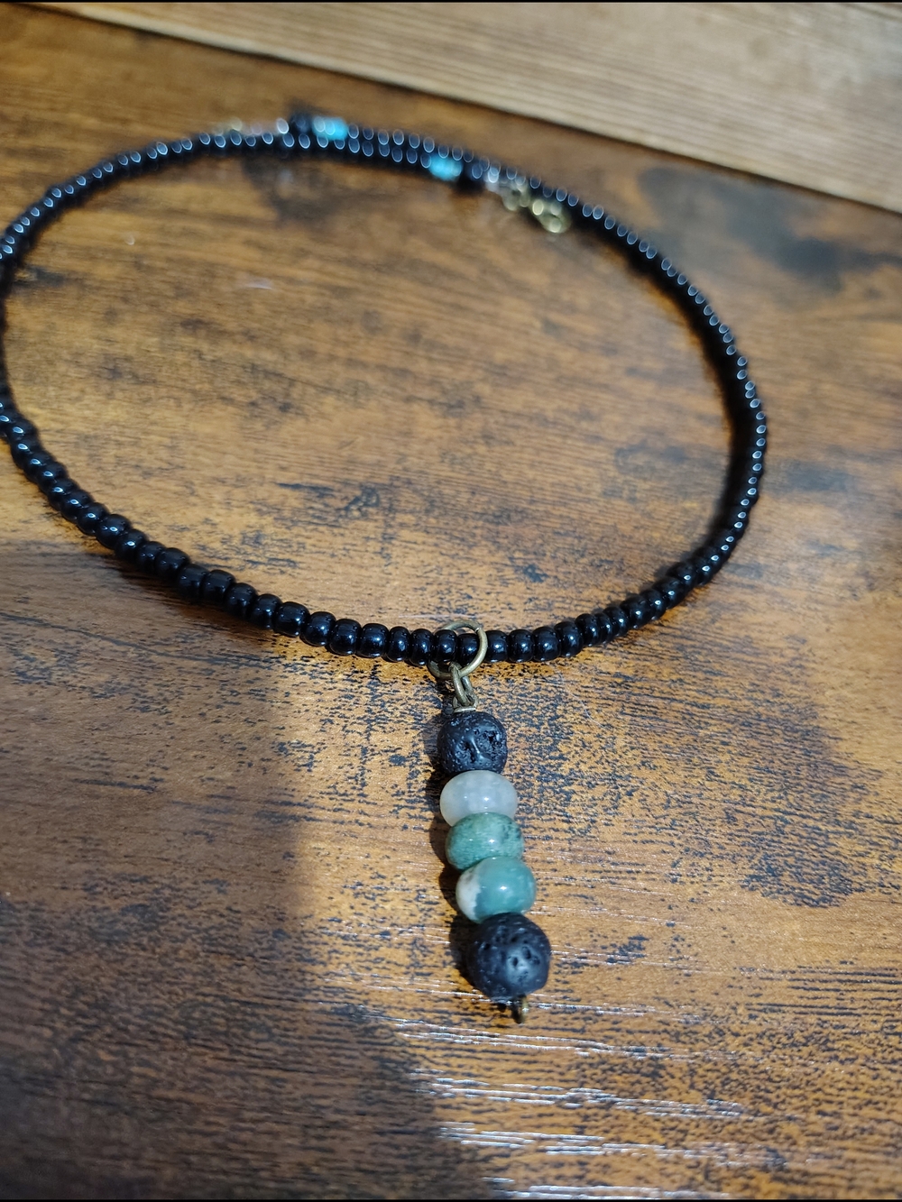 Black Beaded Men’s Necklace with Green Stone Accents, Handmade - Picture 6 of 6